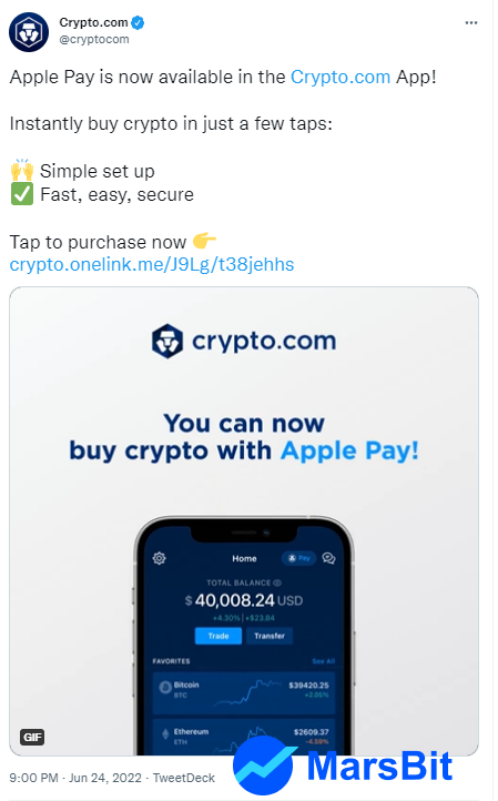 美国用户现可通过Apple Pay在Crypto.com APP中直接购买加密货币