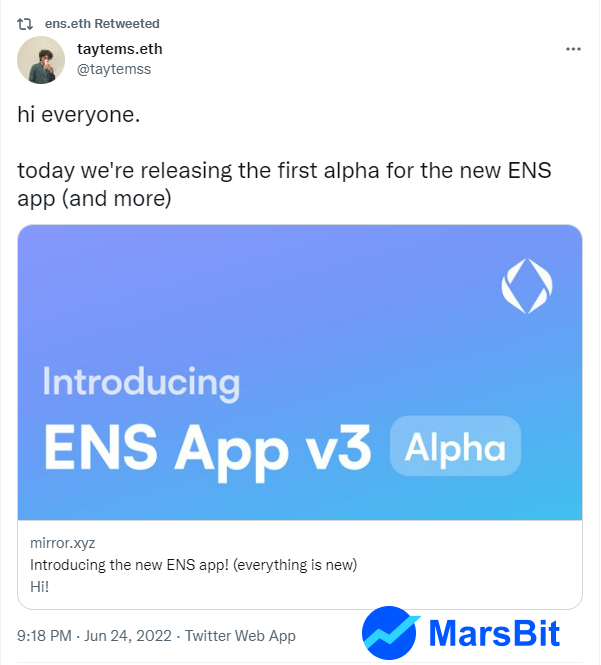 以太坊域名服务 ENS 推出 ENS App V3 alpha 版本，开源其设计系统 Thorin